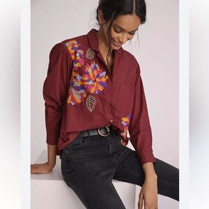 Anthropologie Maeve embroidered boxy relaxed button down top blouse red wine 10